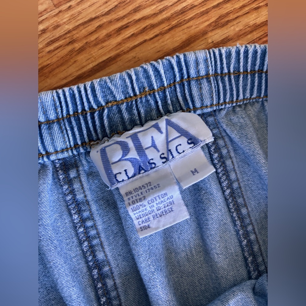 Vintage Denim Midi Skirt 90s Blue Jean Flounce Hem Skirt | Elastic Waist Size M - Picture 4 of 6